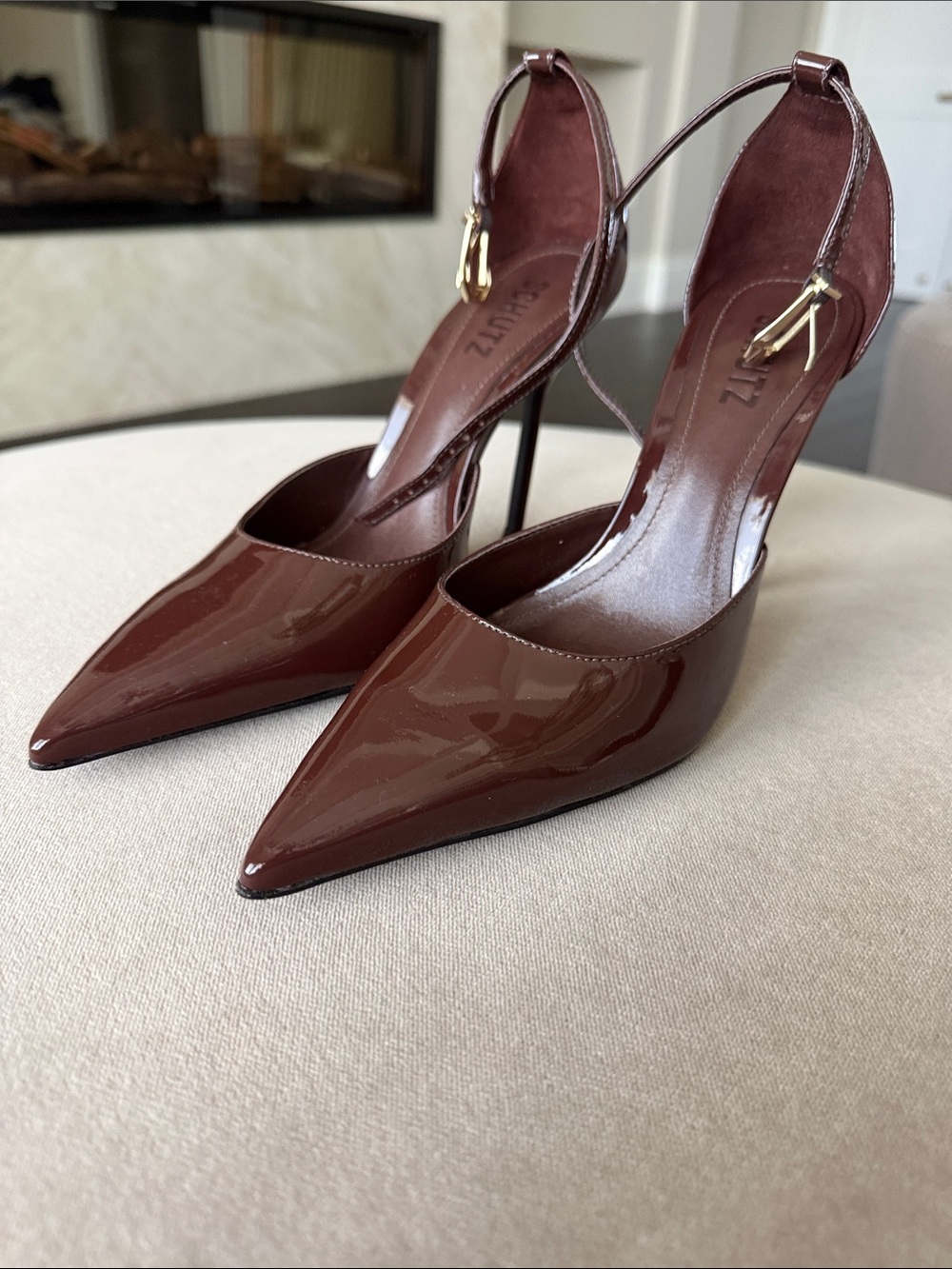 SCHUTZ Brown Patent Pointed-Toe Ankle-Strap Stiletto Heels NEVER WORN